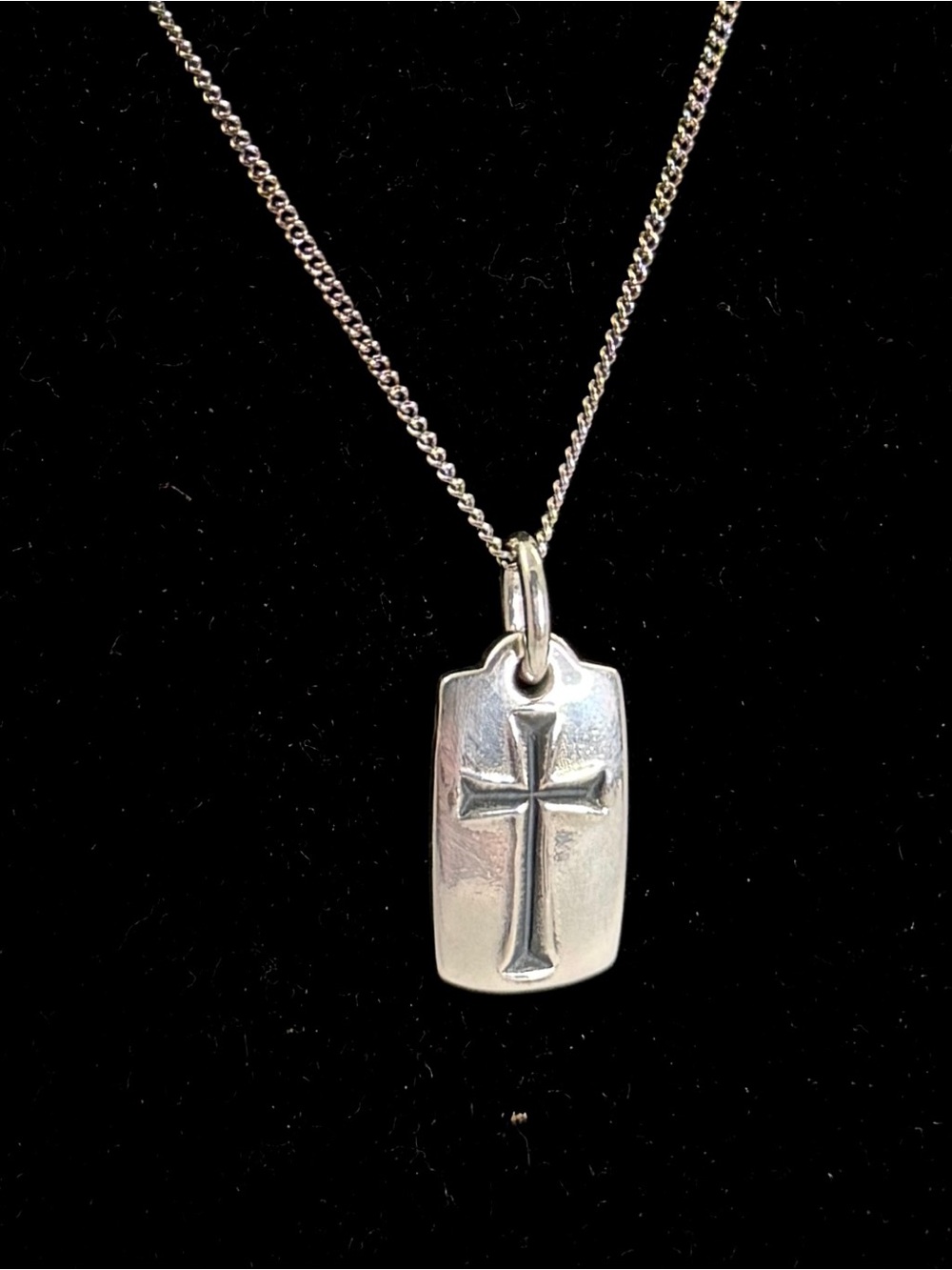 JAMES AVERY Sterling Silver Chiseled Carved Cross Tag Pendant Necklace; RETIRED